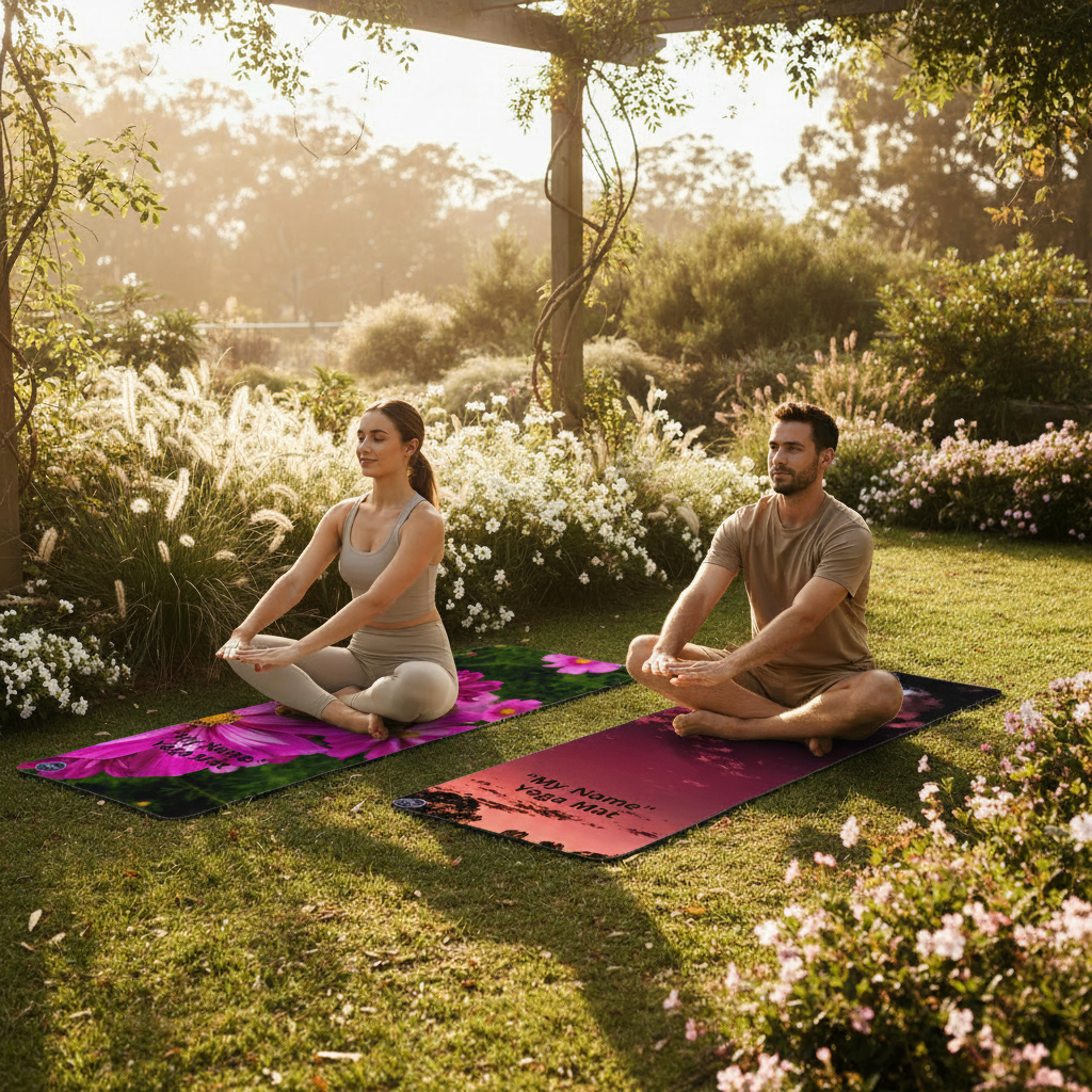Garden yoga scene with Floral Pink Cosmos and Moon At Dawn mats