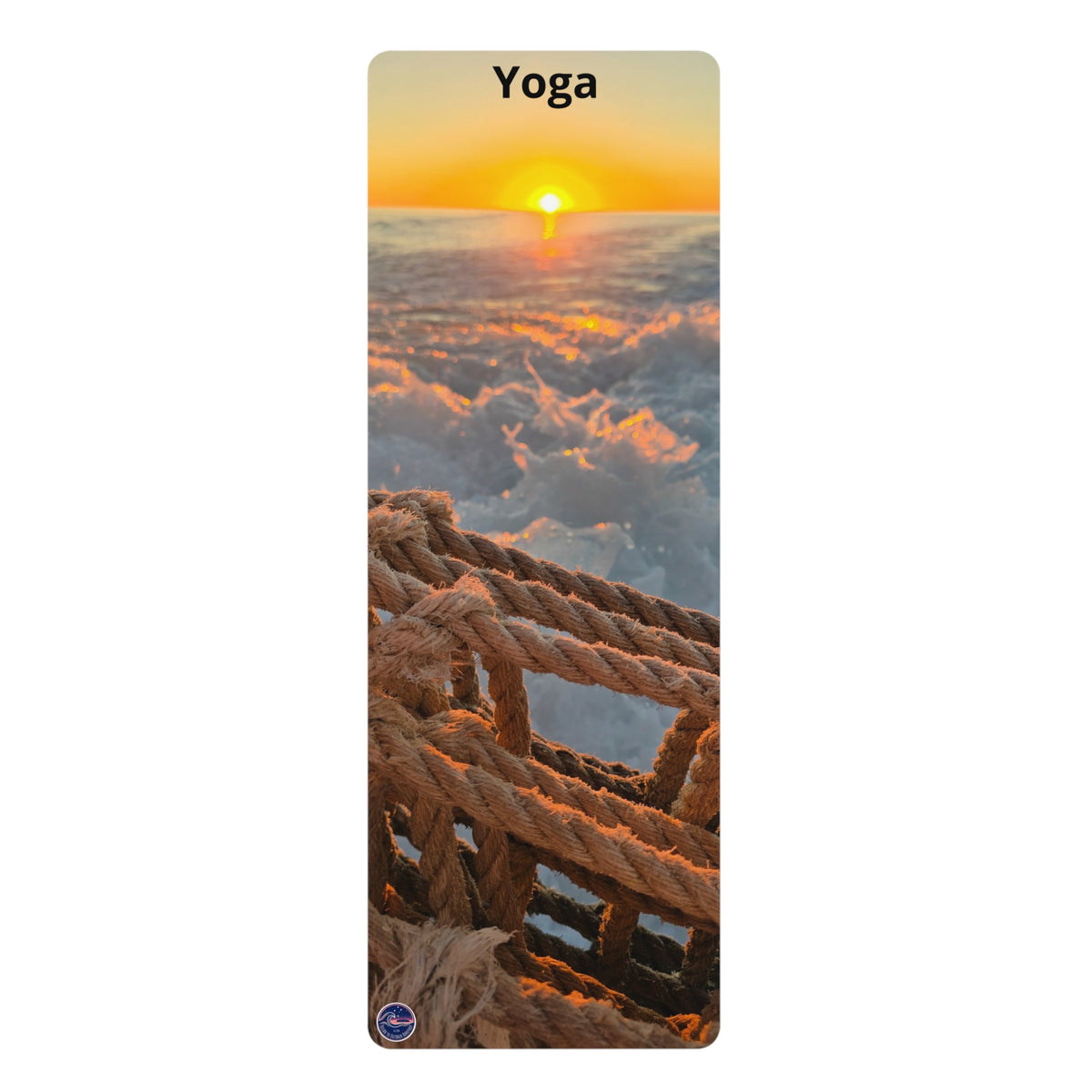 A vertical yoga mat featuring a scenic print of a sunset over waves with a rope railing in the foreground and the word 'Yoga' printed at the top.