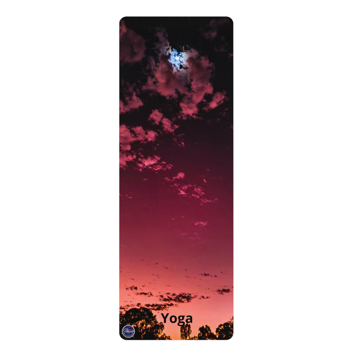 A tall, narrow yoga mat featuring a scenic sunset sky print with pink, red, and dark purple clouds, with the word 'Yoga' printed at the bottom.