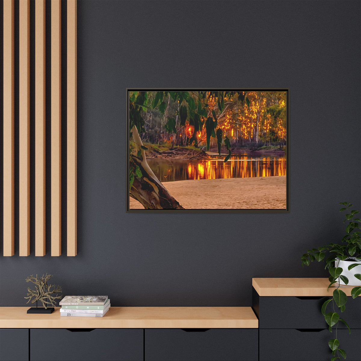 Sunset Riverbank Framed Canvas