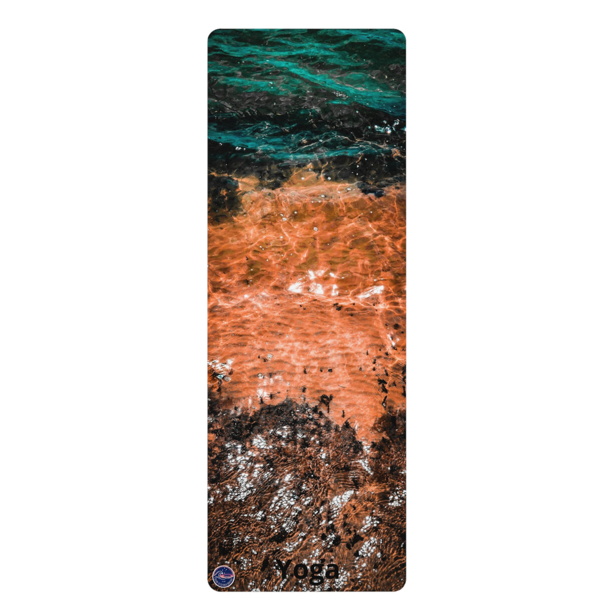 A tall, narrow yoga mat featuring an abstract coastal or watercolor design with teal, orange, brown, black, and white tones, shown on a plain white background.