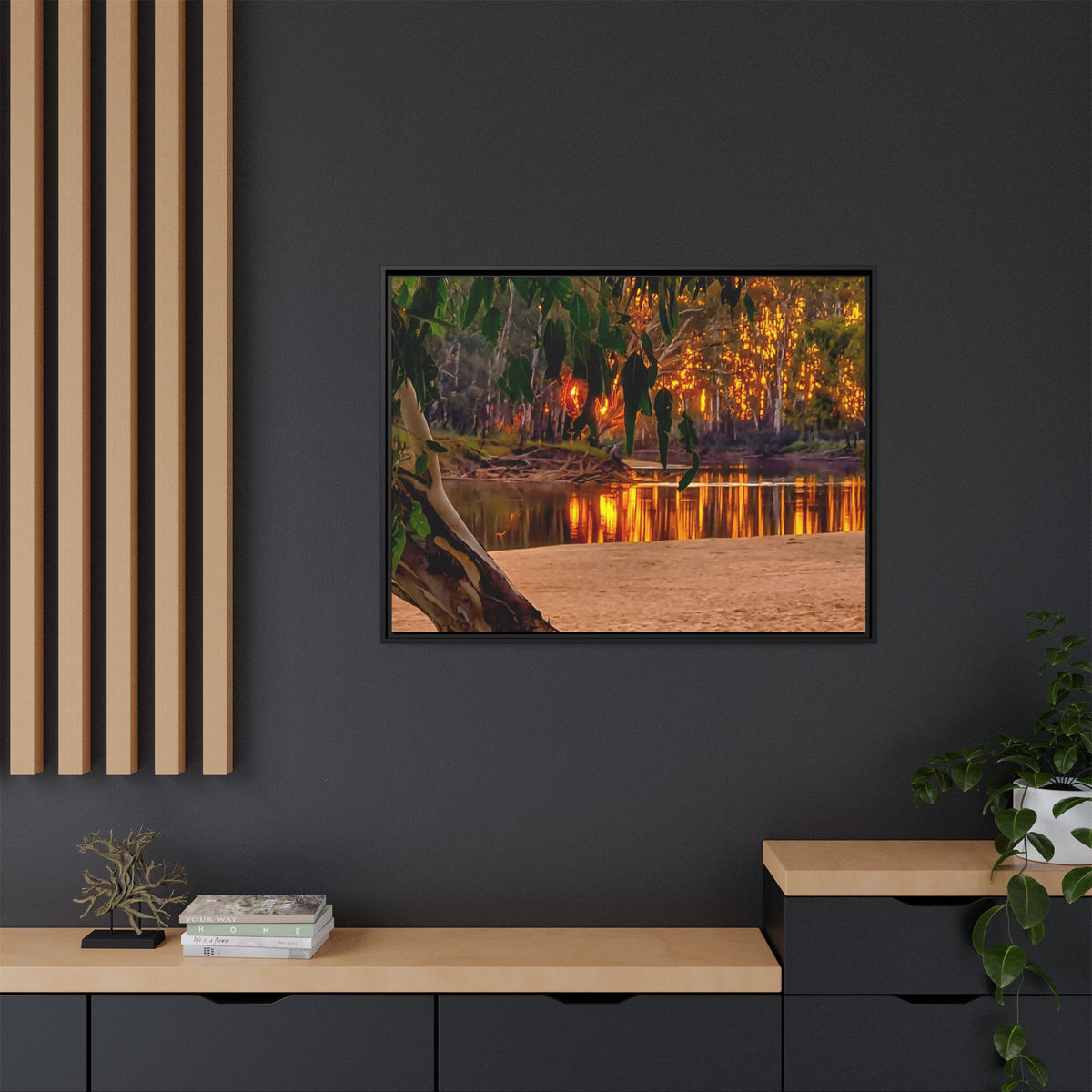 Sunset Riverbank Framed Canvas
