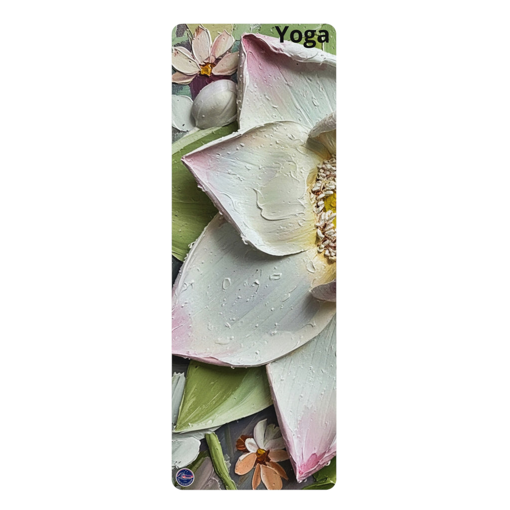 A tall, narrow yoga mat featuring a close-up floral print of a lotus flower with water droplets, green leaves, and smaller flowers. The word 'Yoga' is printed in black at the top right corner.