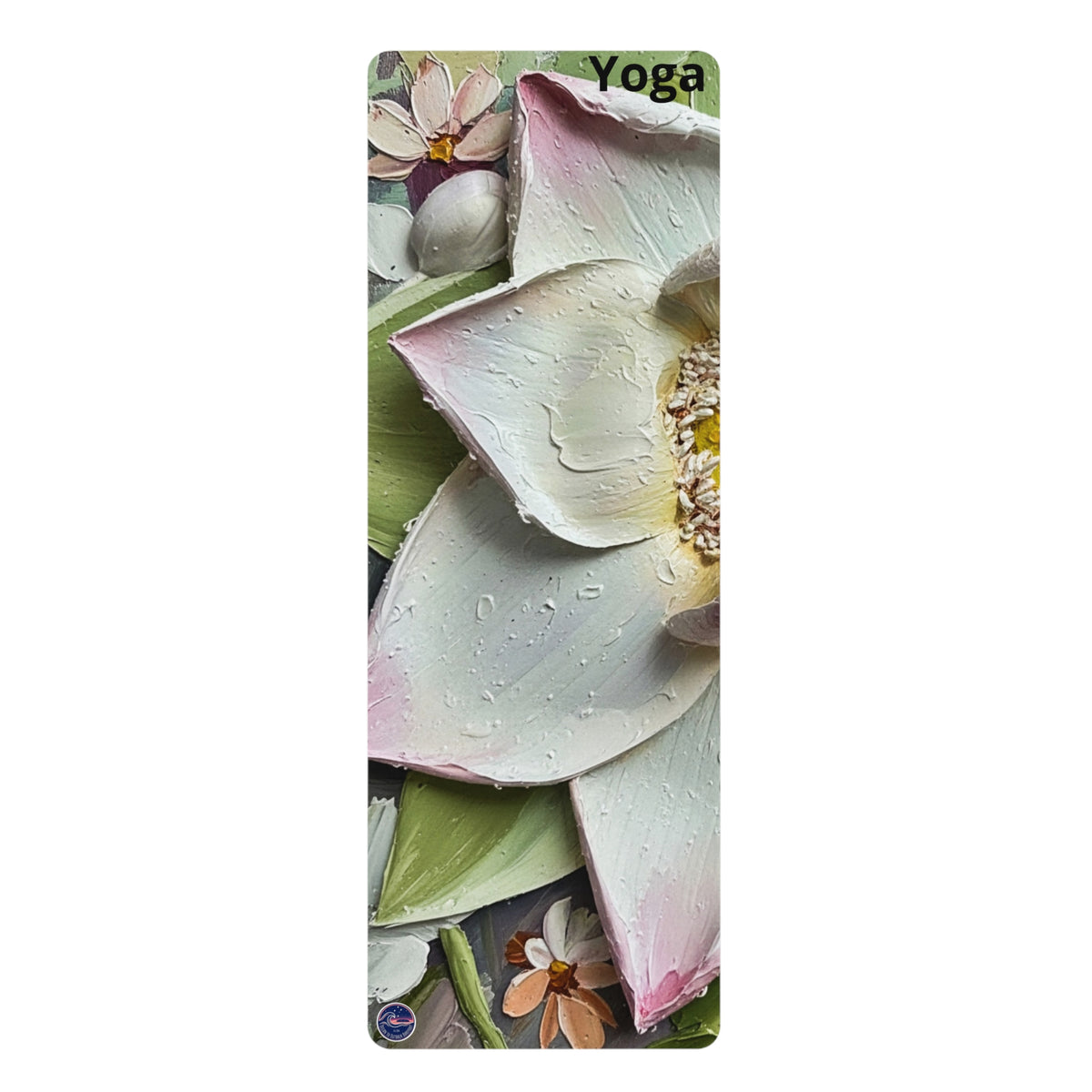 A tall, narrow yoga mat featuring a close-up floral print of a lotus flower with water droplets, green leaves, and smaller flowers. The word 'Yoga' is printed in black at the top right corner.