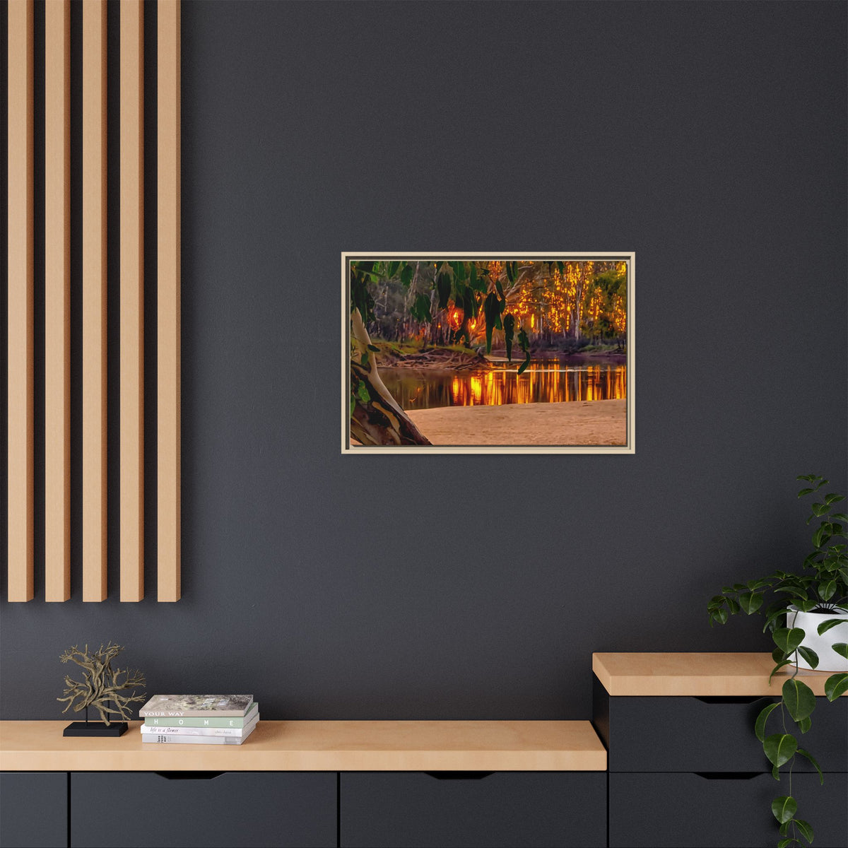 Sunset Riverbank Framed Canvas