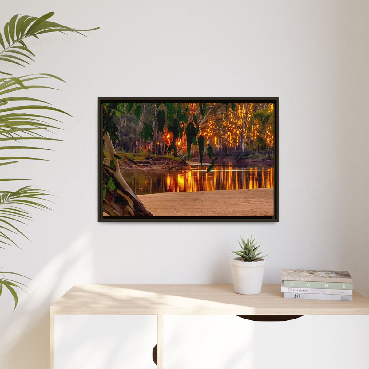 Sunset Riverbank Framed Canvas