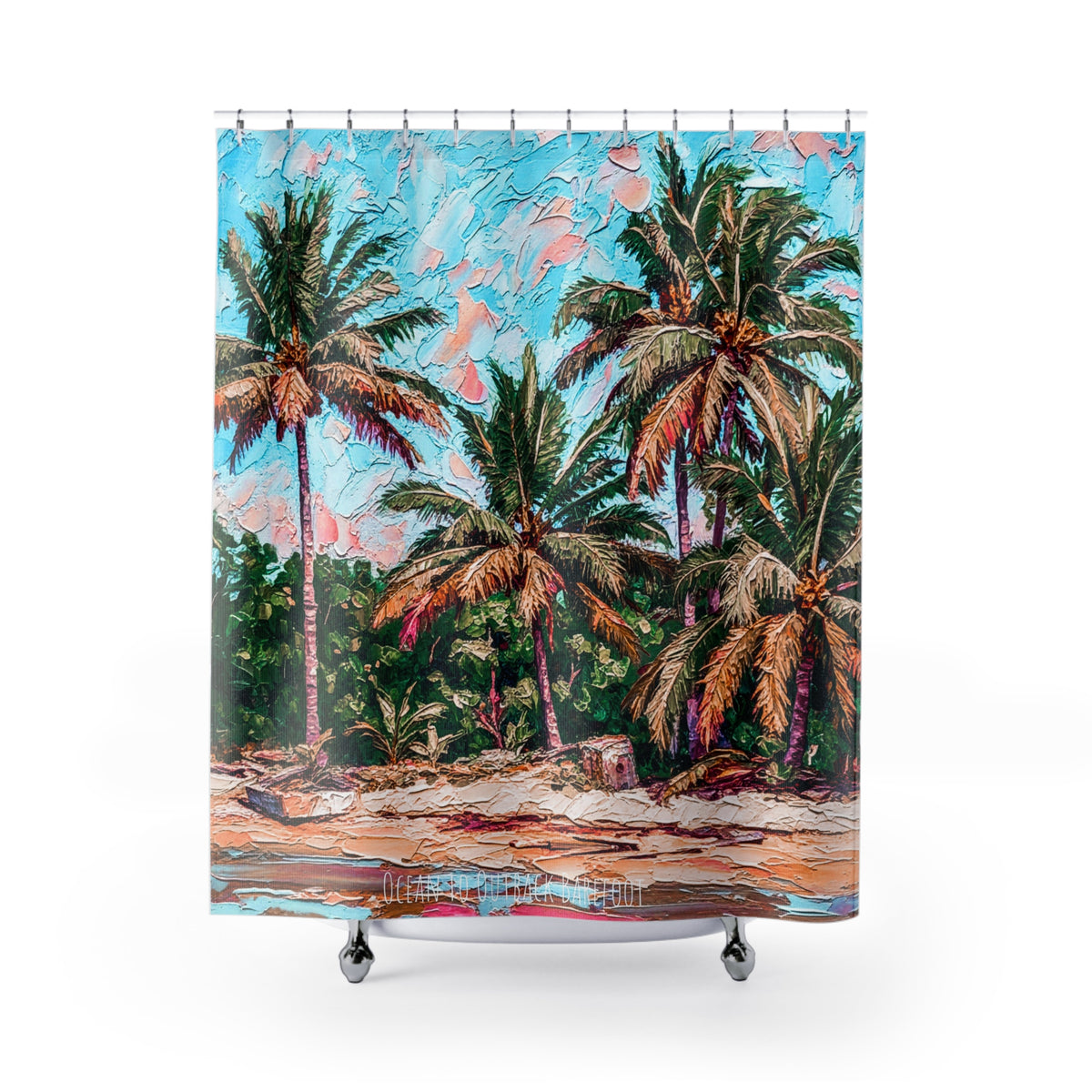 A shower curtain featuring a colorful, textured painting of palm trees on a tropical beach under a bright blue sky, shown hanging on a white rod with silver rings against a white background.