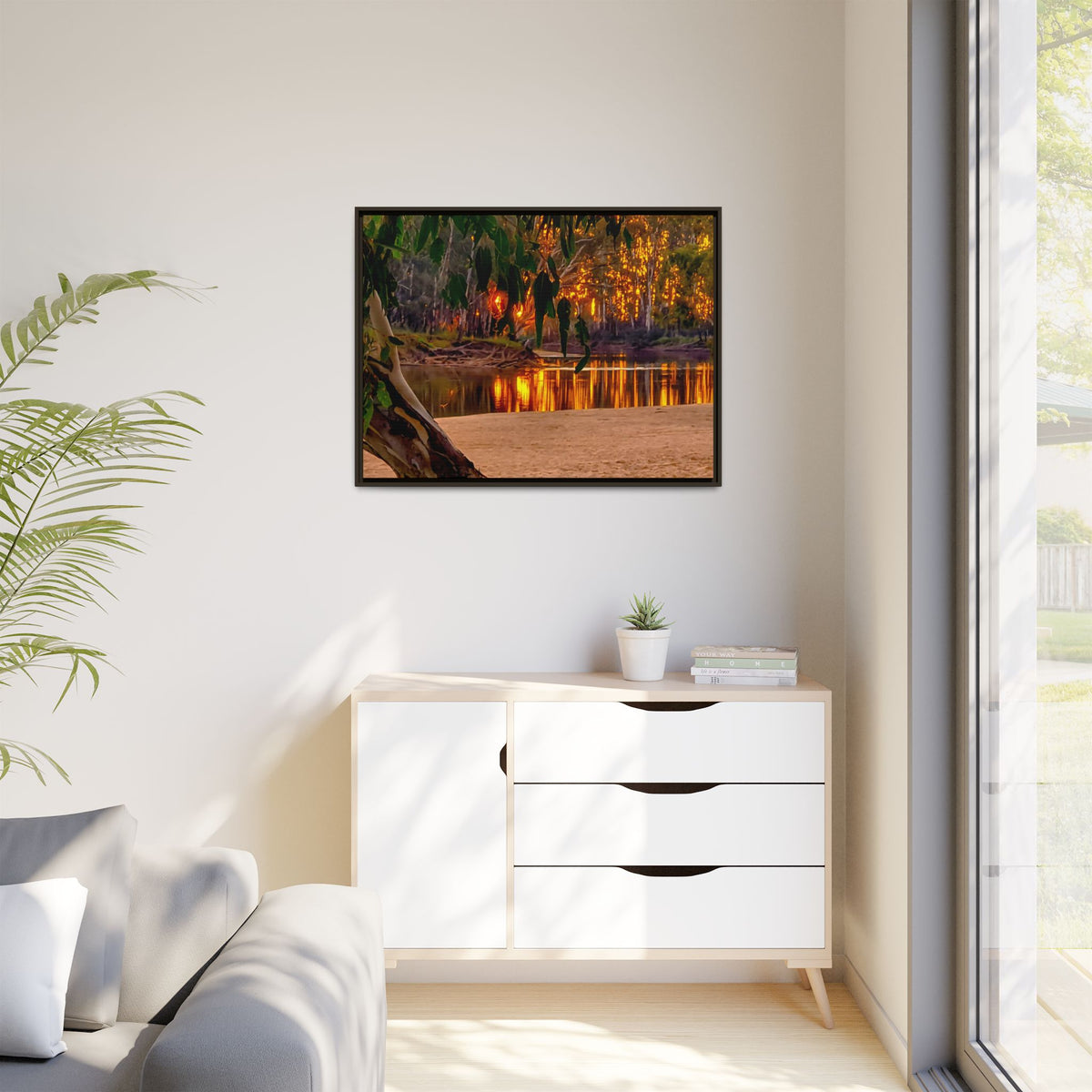 Sunset Riverbank Framed Canvas