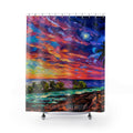 A shower curtain featuring a colorful, textured oil painting of a tropical sunset over the ocean, with a bright moon and palm tree silhouette. The text 'OCEAN TO OUTBACK BAREFOOT' is printed near the bottom.