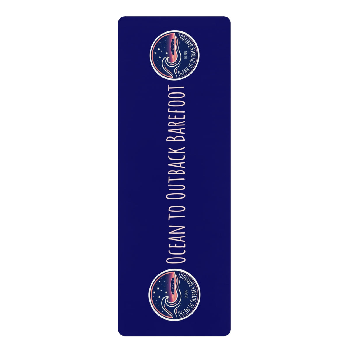 A tall, narrow navy blue rectangular product with rounded corners, featuring the text 'OCEAN TO OUTBACK BAREFOOT' in white vertical lettering and two circular logo emblems near the top and bottom.