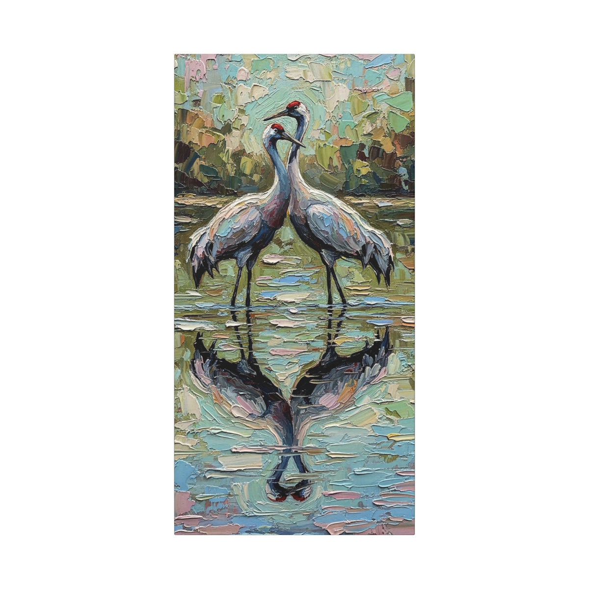 A vertical painting of two brolgas standing in shallow water with their reflections visible below, rendered in textured impasto brushstrokes of blue, green, beige, and brown tones.