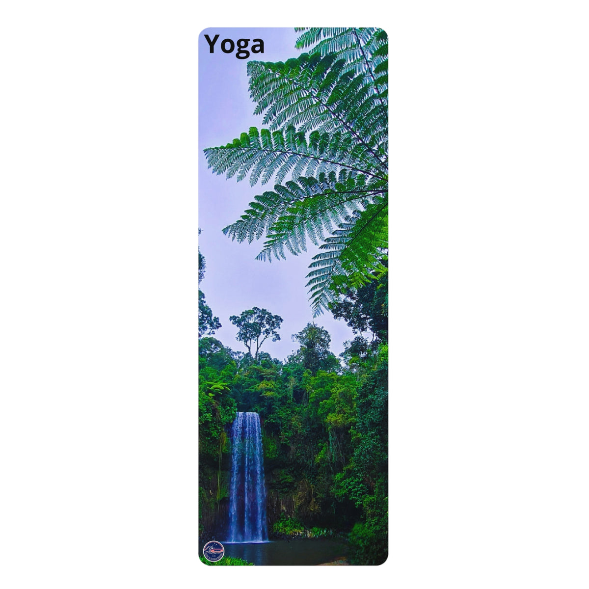 A tall, narrow yoga mat featuring a scenic print of a waterfall surrounded by lush green forest and fern leaves under a pale sky. The word 'Yoga' is printed in black at the top left, and a small circular logo appears near the bottom left corner.