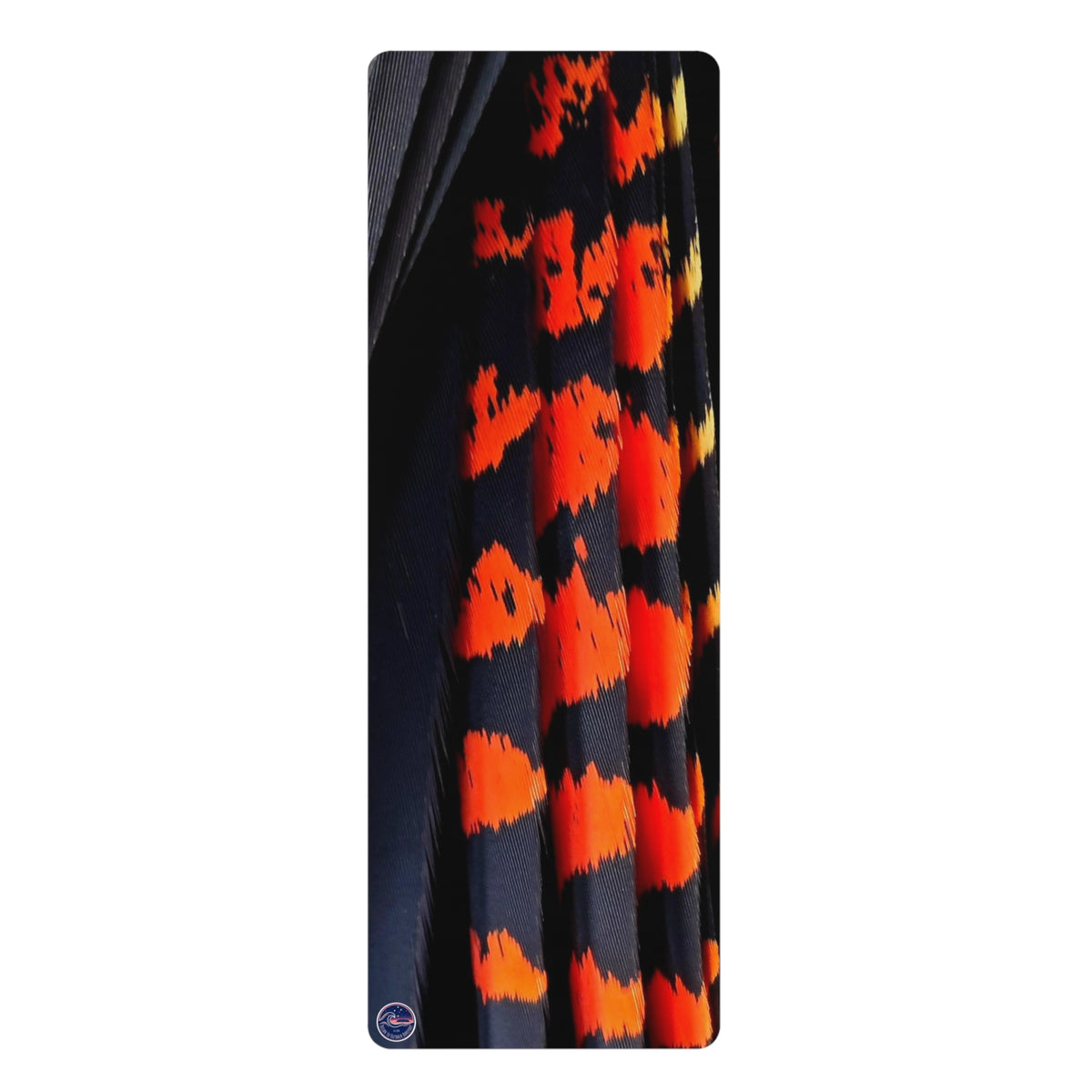 A long, narrow rectangular product featuring a bold black and bright orange cockatoo tail feather pattern, shown against a plain white background.