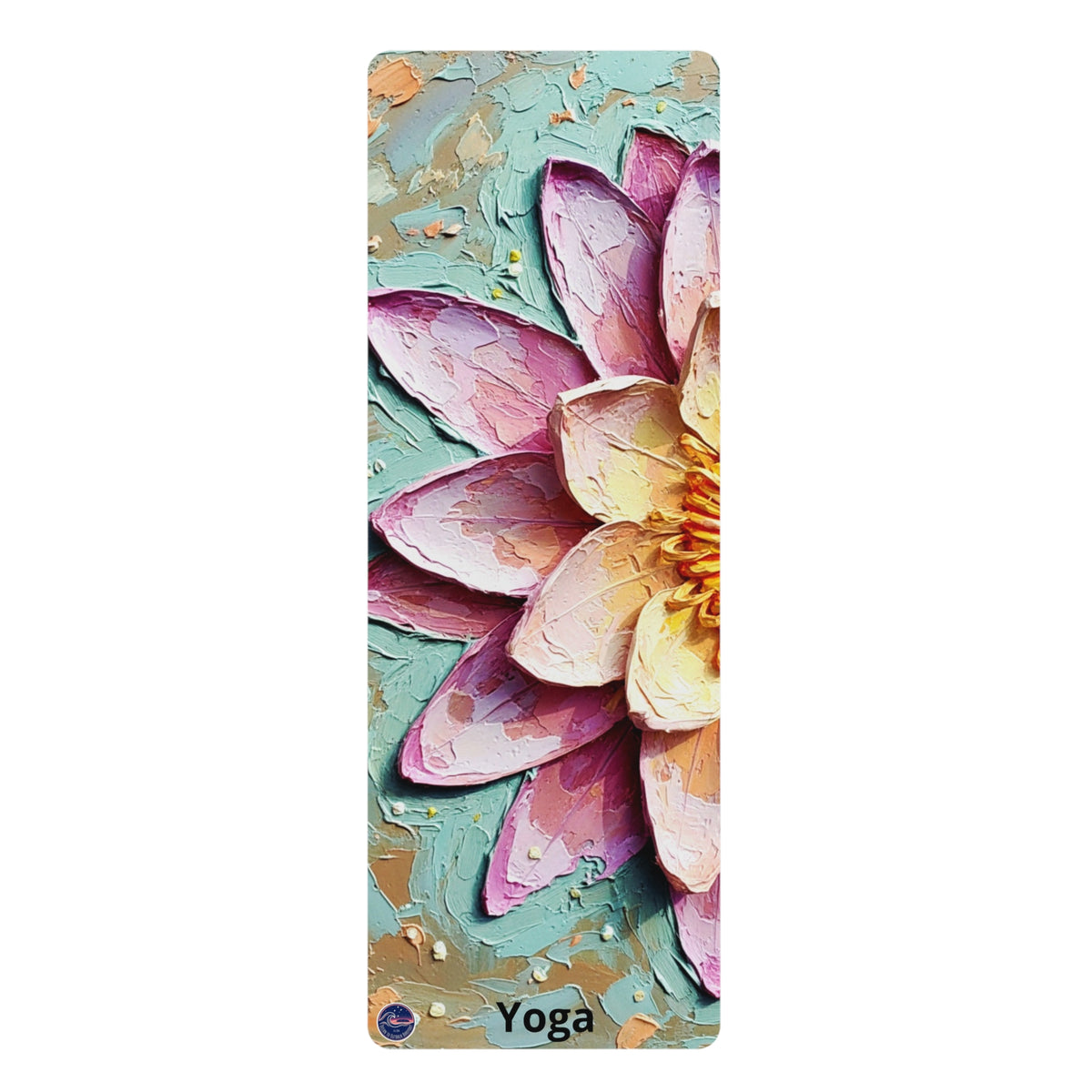A vertical yoga mat featuring a textured, impressionistic painting of a pink and yellow lotus flower on a light teal background, with the word 'Yoga' printed at the bottom.
