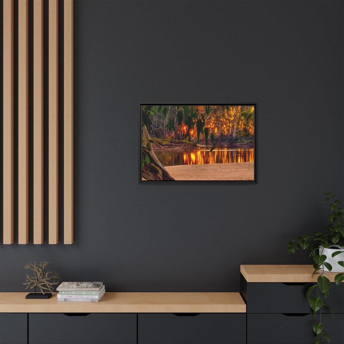 Sunset Riverbank Framed Canvas