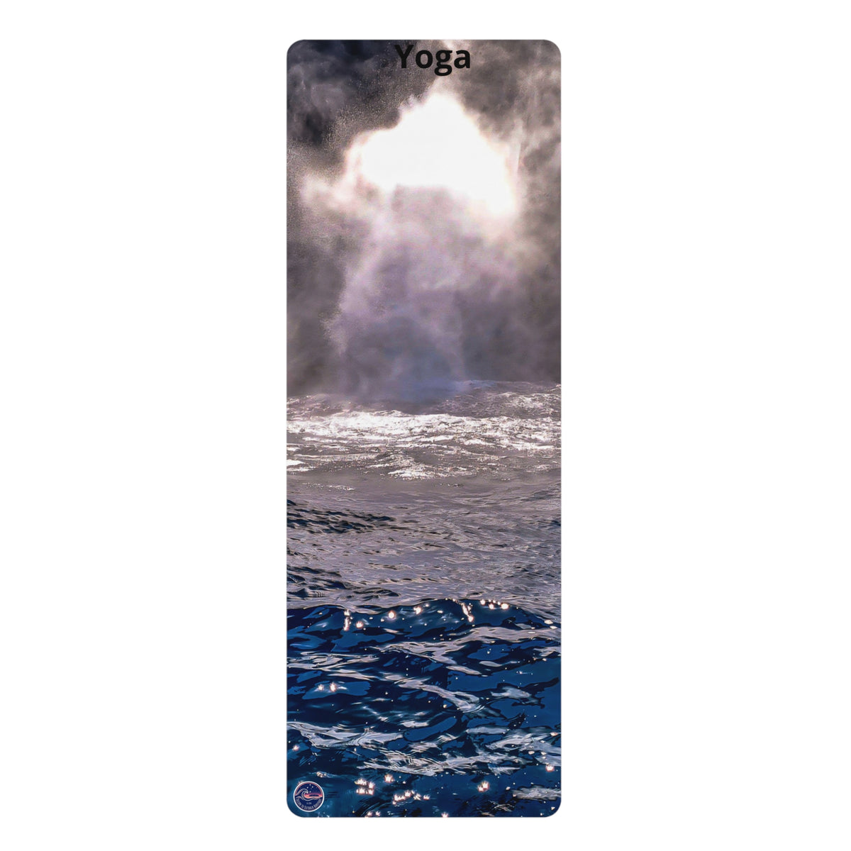 A tall yoga mat featuring a photographic print of ocean waves under a dramatic cloudy sky with bright sunlight breaking through, on a plain white background.